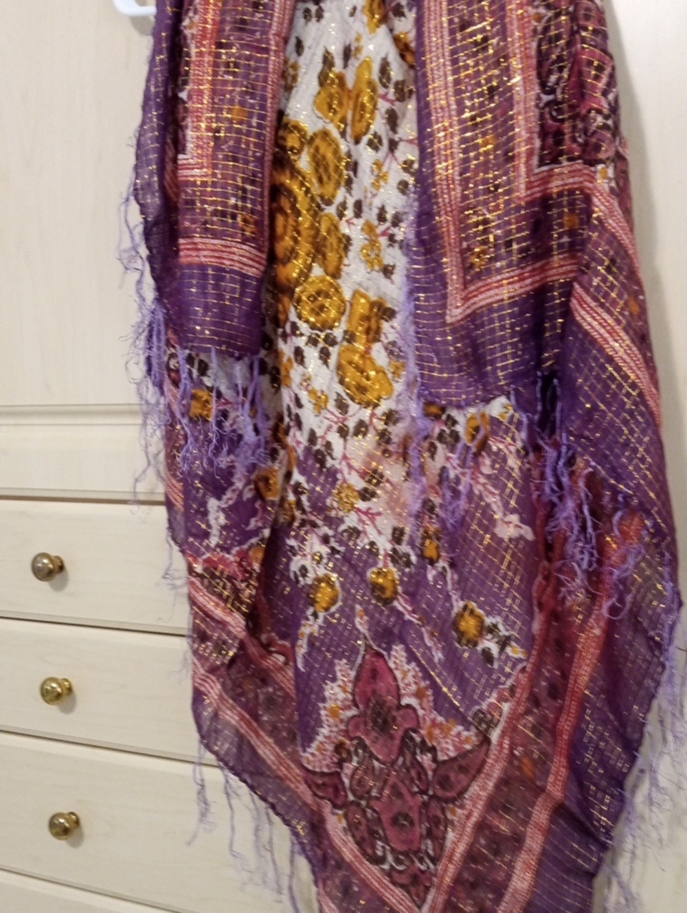 Vintage Purple Floral Metallic Fringe Scarf